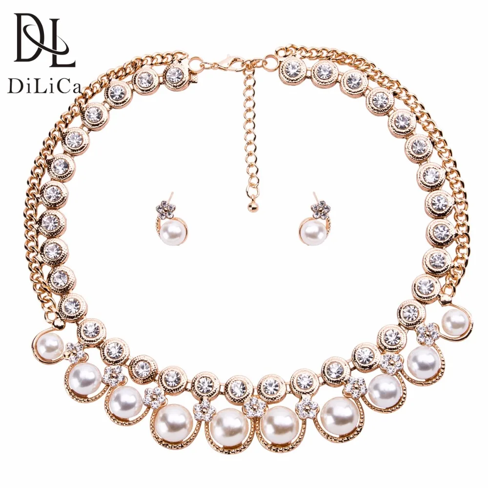

DiLiCa Classic Simulated Pearl Jewelry Sets for Women Rhinestone Alloy Statement Necklace Earrings Female Chokers Necklace Set