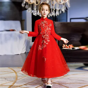 

Chinese Style Children Girls Elegant Embroidery Flowers Wedding Party Evening Princess Mesh Dress Kids Toddler Host Puffy dress