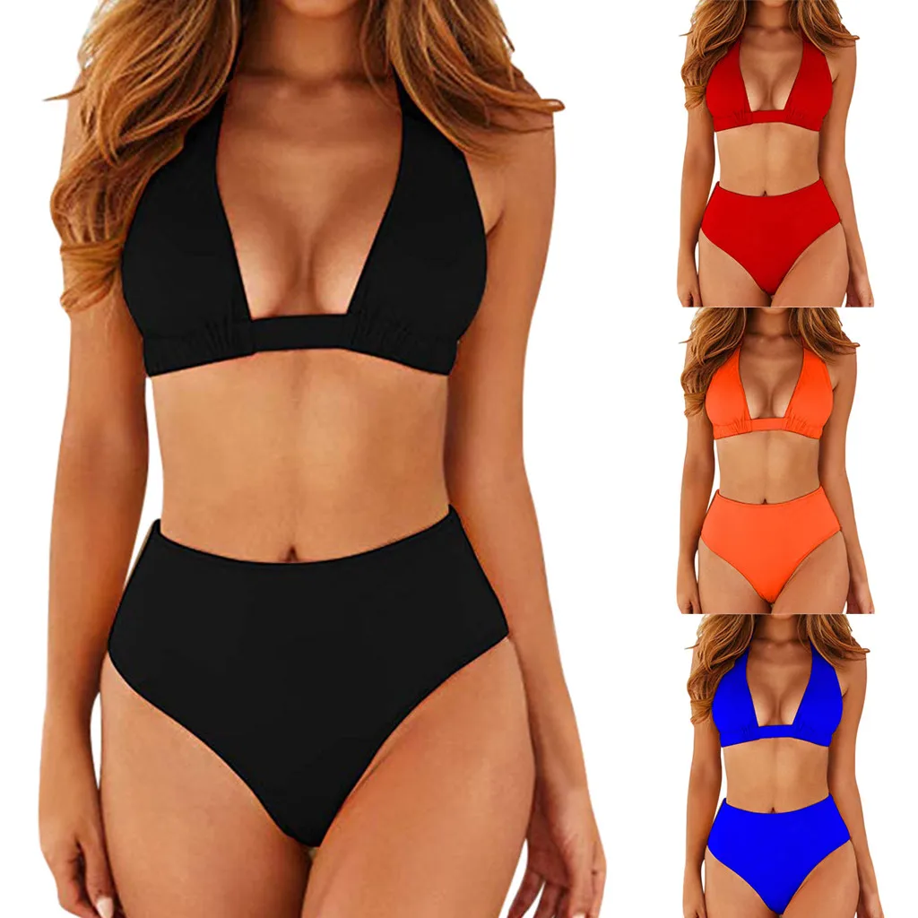 

Women Sexy Halter Top Bikini Set Bandage Big Size High Waisted Swimsuit Plus Bathing Suit Girl Swimwear Plus Size XL 2019 Z0620