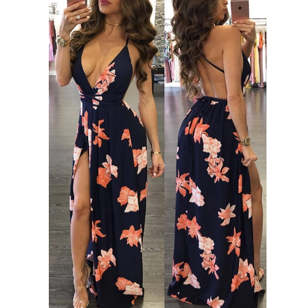 

Womens dress Summer Boho Maxi Long Dress Evening Sexy Party Beach Dresses Sundress Floral Halter robe femme Summer V NeckVestido
