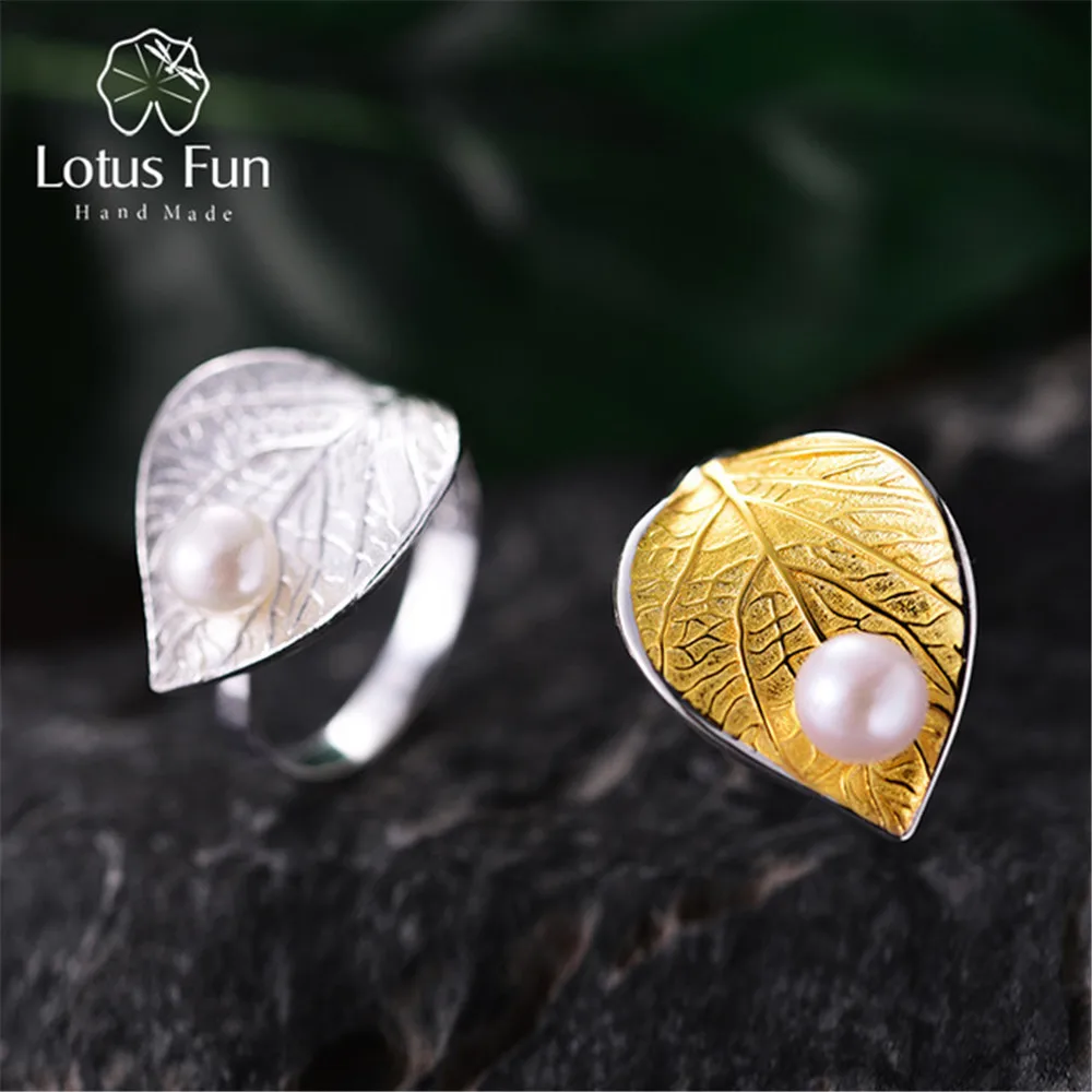 

Lotus Fun Real 925 Sterling Silver Natural Pearl Handmade Designer Fine Jewelry Creative Open Ring Leaf Rings for Women Bijoux