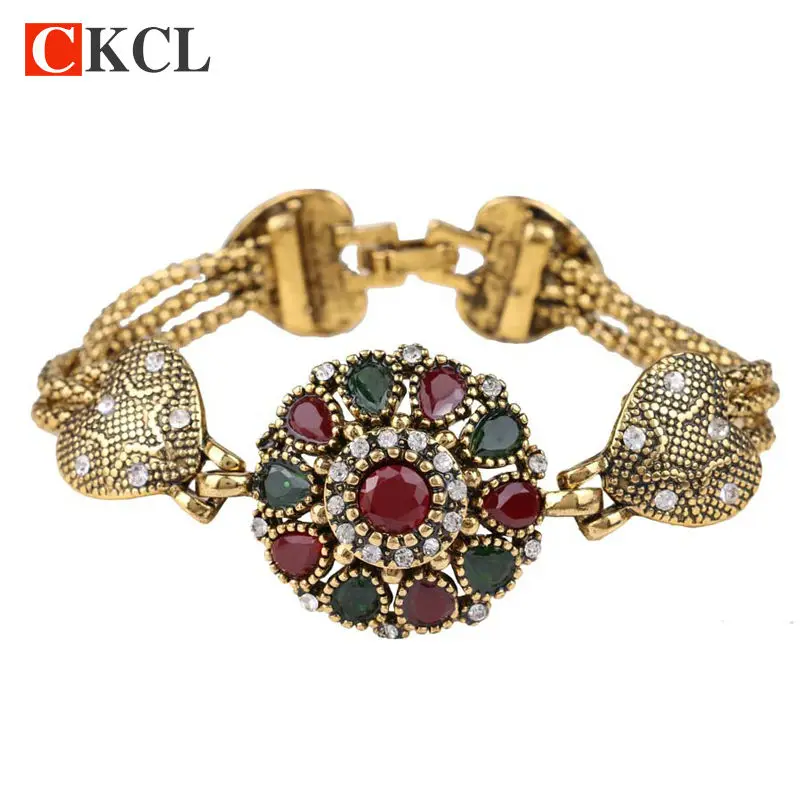 

2018 Hot Sale Turkey Bracelet For Women Antique Gold Color Red Resin Flower Bangle Retro Bohemian Roman Royal Jewelry