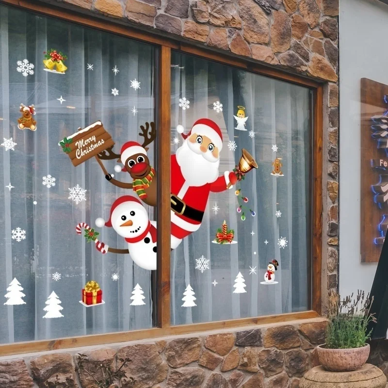 

Cartoon Christmas Stickers for Window Showcase Removable Santa Clause Snowman Home Decor Decal Adhesive PVC New Year Glass Mural