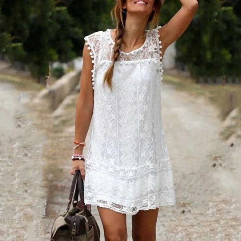 

2017 Summer Sexy Sleeveless White Lace Dress Women Elegant Pom Pom Trim Floral Lace Hollow Out Mini Short Dress