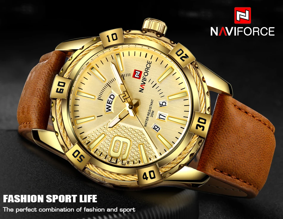 Мужские часы NAVIFORCE, мужские модные водонепроницаемые кварцевые Военные Спортивные часы с календарем из натуральной кожи, мужские часы 9117