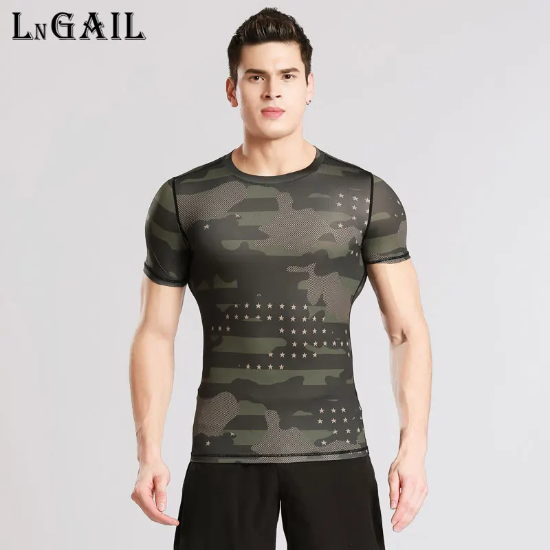 

2017 newest Men Compression Tights T-shirt Camo Short Sleeve Size S-XL high-elastic joggers fitness T shirt Free Shipping
