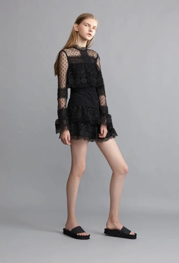 Подиумное женское платье Автопортрет модные сексуальные черные кружевные лоскутные расклешенные рукава слои торт вечерние мини платья Vestido Robe