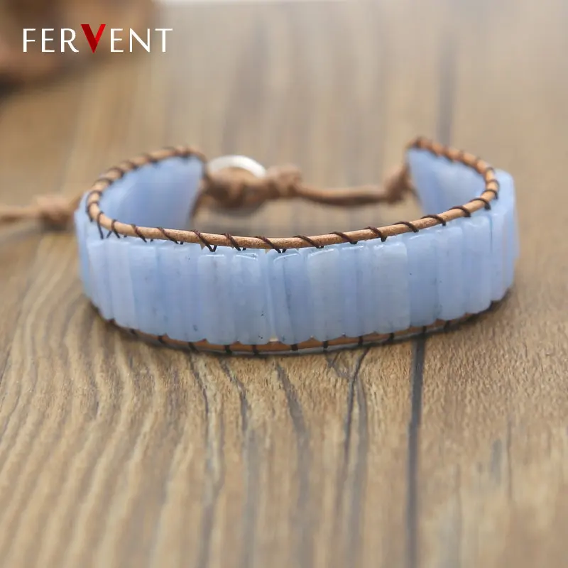 

Cuboid Aquamarines Natural Stone Single Vintage women boho bead wrap bracelet Stone Cuff Leather Bracelet Dropshipping