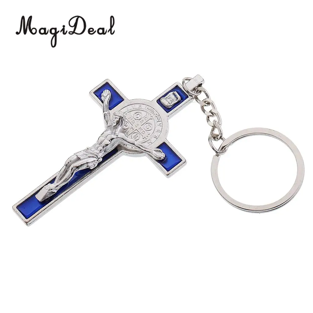 Crucifix Jesus Christ Cross Statue Figurine Keyring Car Home Chapel Decor Silver Blue