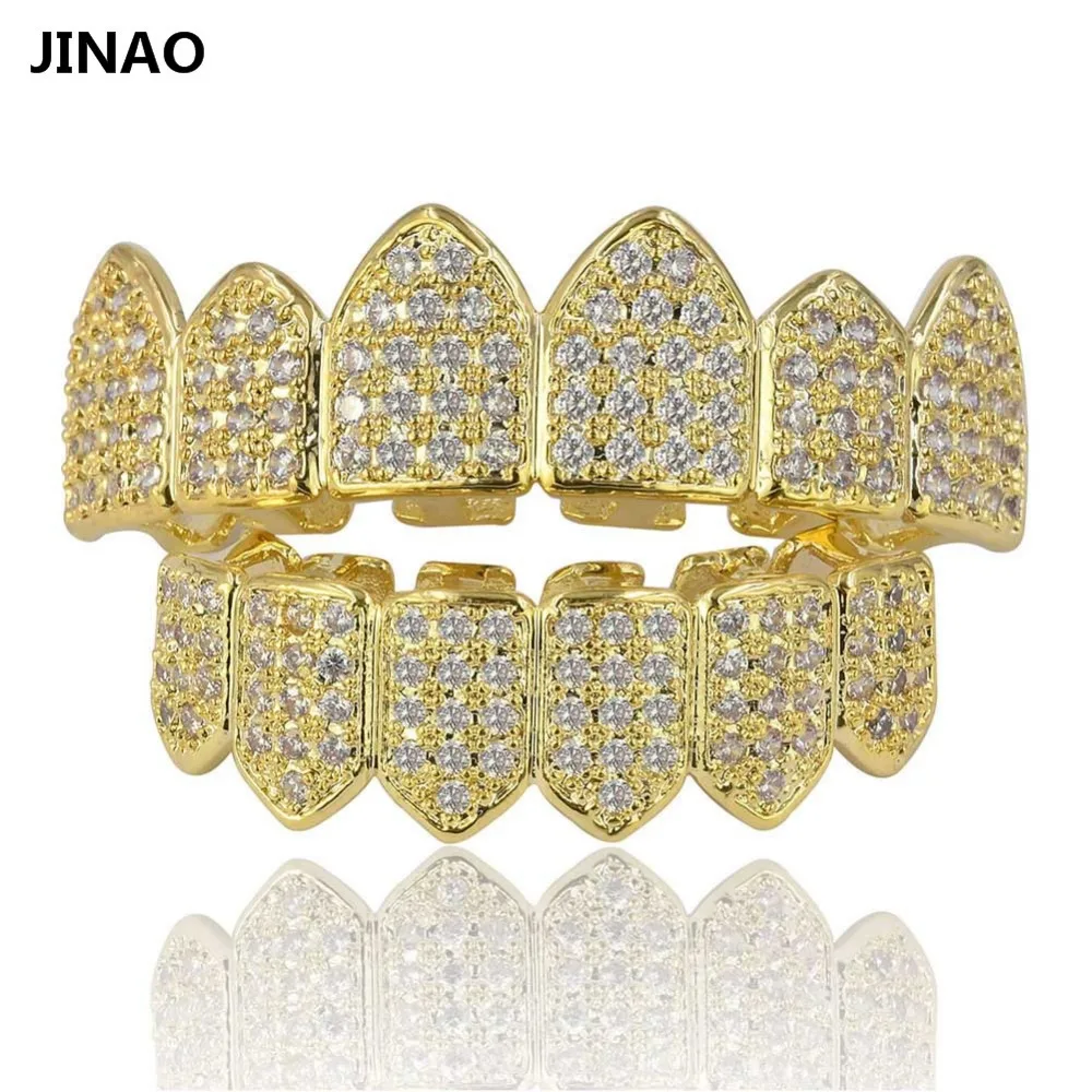 Jinao для хип-хопа зубы Grillz цвет чистого золота покрытием микро Pave CZ камни Топ и нижние грилзы Рот зубы комплект решеток корабль от нас