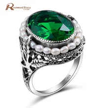 Genuine 925 Sterling Silver Ring Natural Pearl Vintage Green Stone Crystal Rings Jewelry for Women Wedding New Ring Wholesale