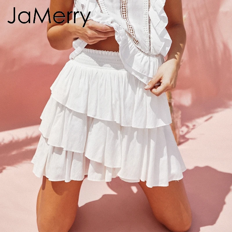 JaMerry Vintage white women mini skirt High waist ruffle summer elegant