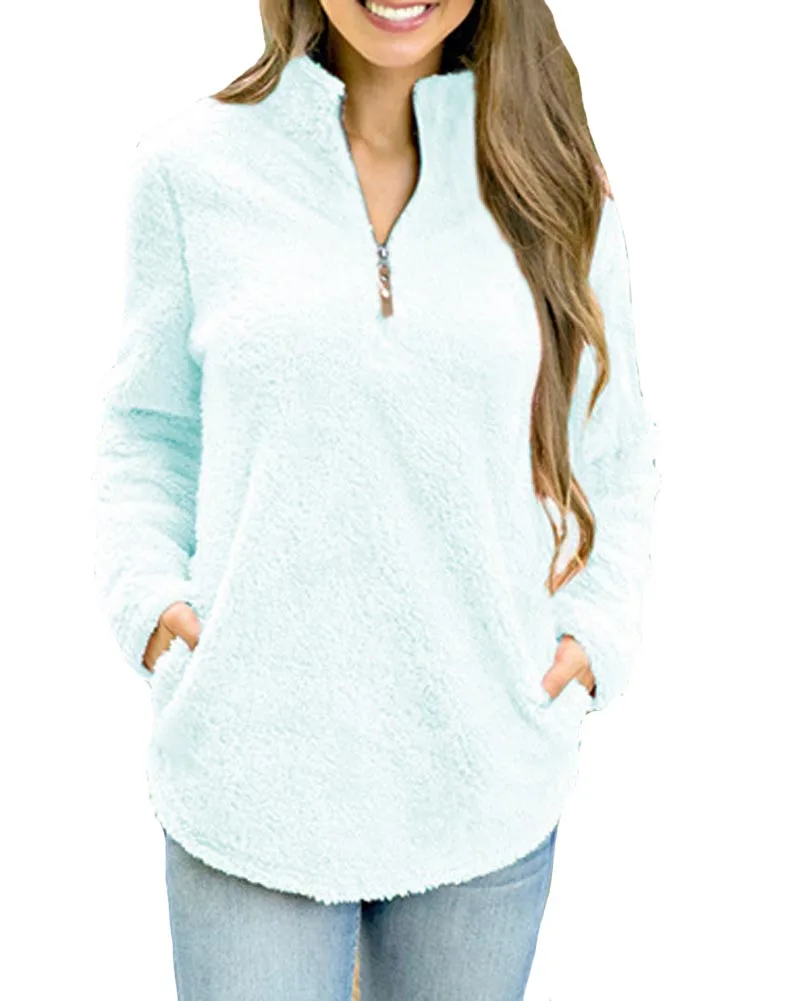 Hitmebox осень зима женские повседневные пуловеры с длинным рукавом джемпер на молнии флисовый Топ свитера женская теплая верхняя одежда - Цвет: Небесно-голубой