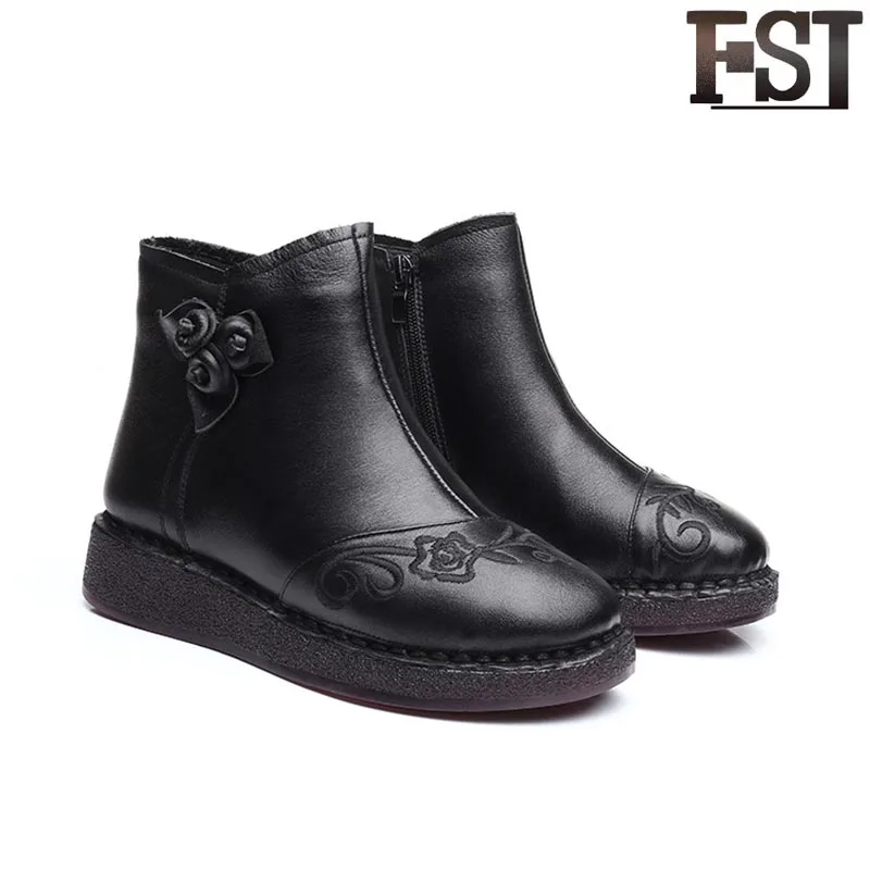 

FSJ Genuine Leather Ladies Woman Boots Slip-On Bonded Leather Winter Low Heel Flat With Butterfly-knot Sewing Zipper Bootis