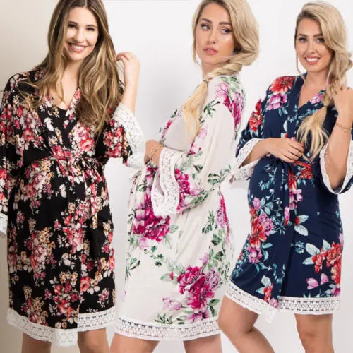 

Women Maternity Pregnant Long Sleeve V-neck Floral Lace Nursing Robes Sleepwear Nightwear