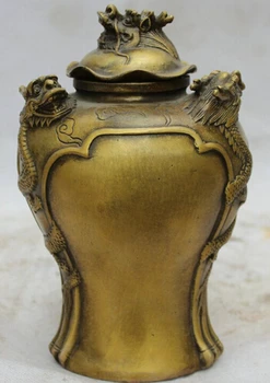 

WBY+++ free shipping 9" Marked China Chinese Dynasty Palace Copper Dragon Beast Coverd Pot Jar Crock