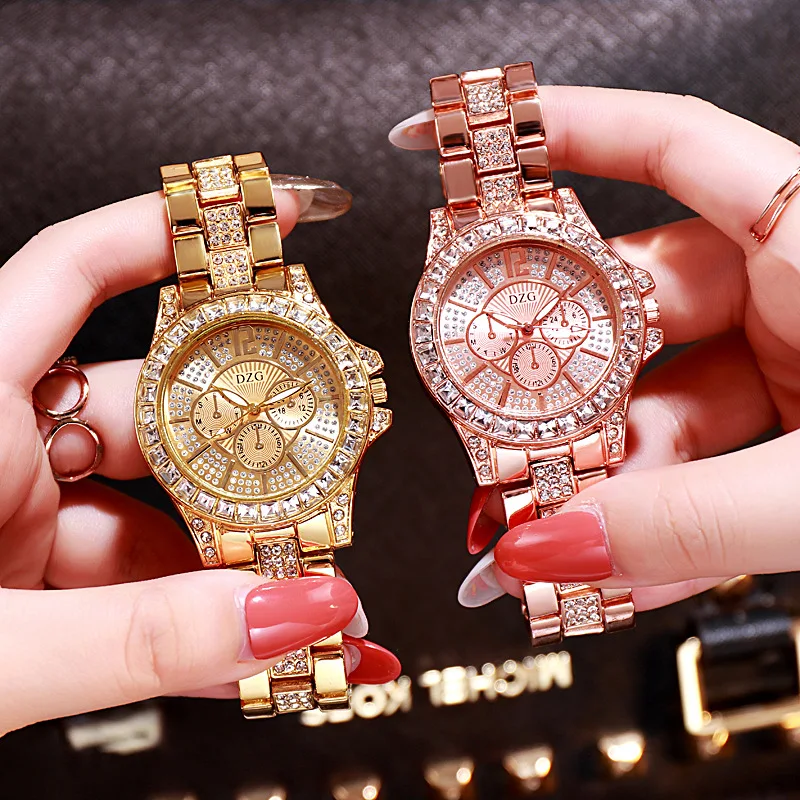 

New gold trichromatic quartz watch fashion leisure fake three eyes six needle water drill alloy watch lady