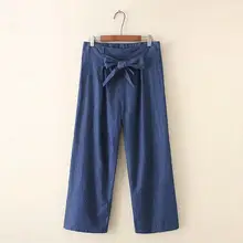 Большие размеры женские джинсы в Корейском стиле с высокой эластичной талией легкие джинсовые брюки с большим галстуком-бабочкой длинные брюки