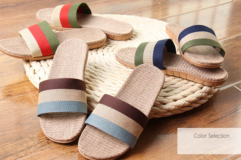 Summer Home Slippers Men Shoes Linen Flip Flops Striped Couples Slides Antiskid Indoor Slippers Flat Home Shoes Pantoufle Homme