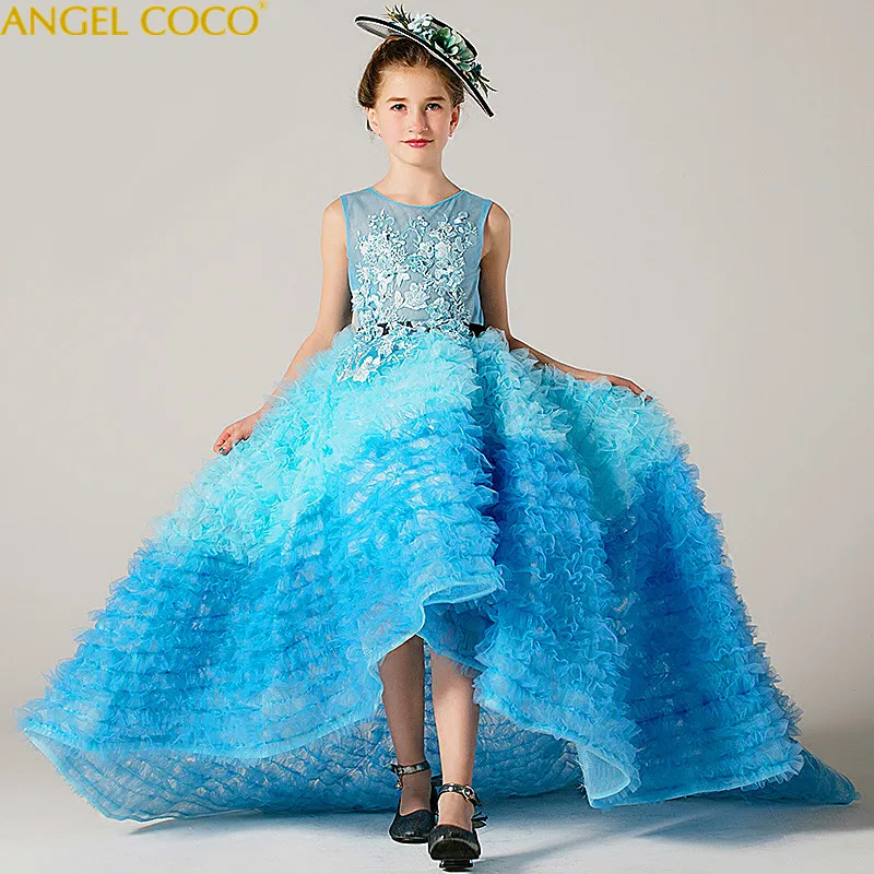 

Children's Evening Dress Blue Long-Tailed Puff Princess Dress Girl Catwalk Piano Performance Costumes Teenager Carnaval Gown