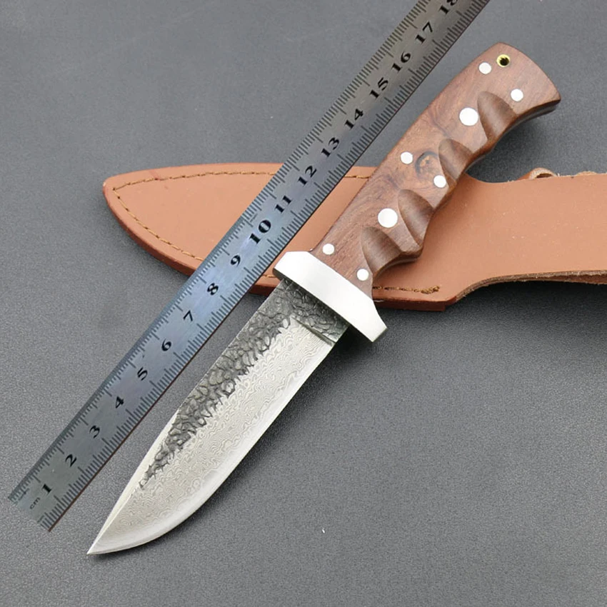 wholesale pattern Damascus steel manual forged straight knife 62HRC hardness outdoor self-defense knife hunting