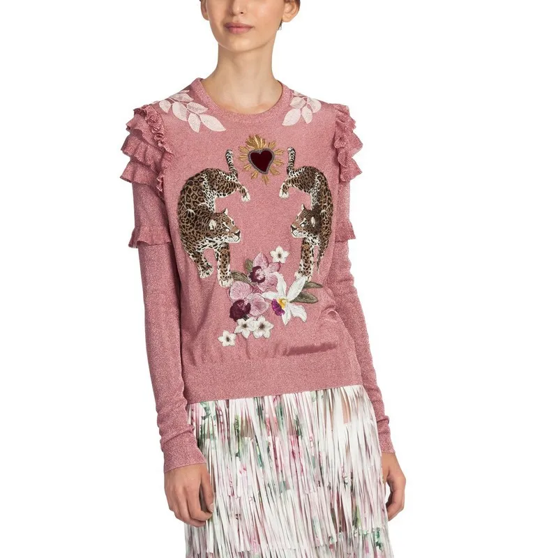 2018 Winter Christmas Animal Embroidery Pink Knitted Sweaters Pullovers Women Runway Design Ruffle Elegant Clothes Lady Jumper 