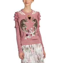 2018 Winter Christmas Animal Embroidery Pink Knitted Sweaters Pullovers Women Runway Design Ruffle Elegant Clothes Lady Jumper 