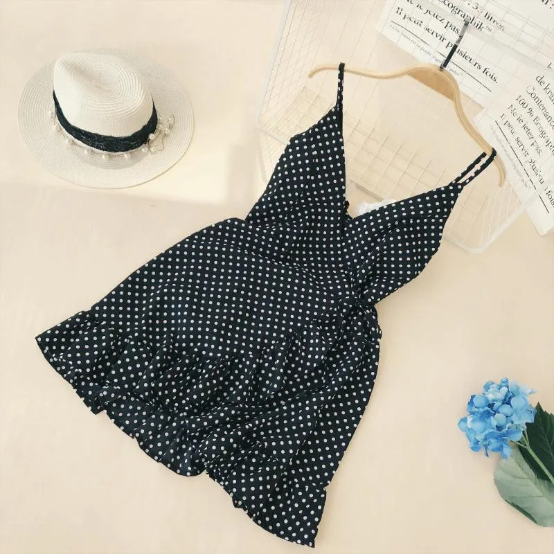 

Irregular Ruffles Hem Mini Dress Women Dot Pattern Print Beach Dresses Sexy V Neck Spaghetti Strap Sexy Vestidos Ladies