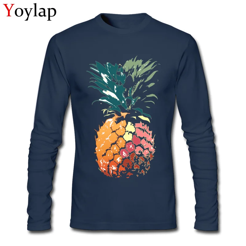 Crew Neck T-shirts Slim Fit Summer/Autumn Tops Tees Long Sleeve for Men Plain 100% Cotton Casual Print Sweatshirts Top Quality Nice drawn colored painted pineapple art navy