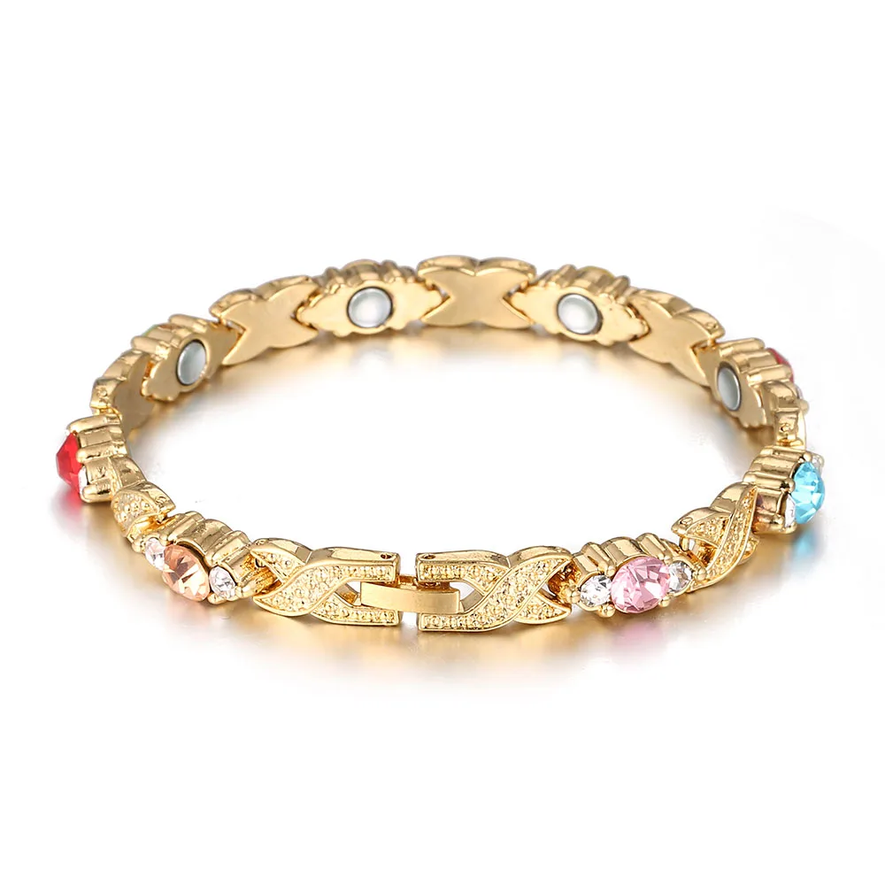 Золотые магнитные браслеты из медного сплава для женщин, забота о здоровье, цветные женские браслеты с кристаллами, рождественские ювелирные изделия - Окраска металла: multi
