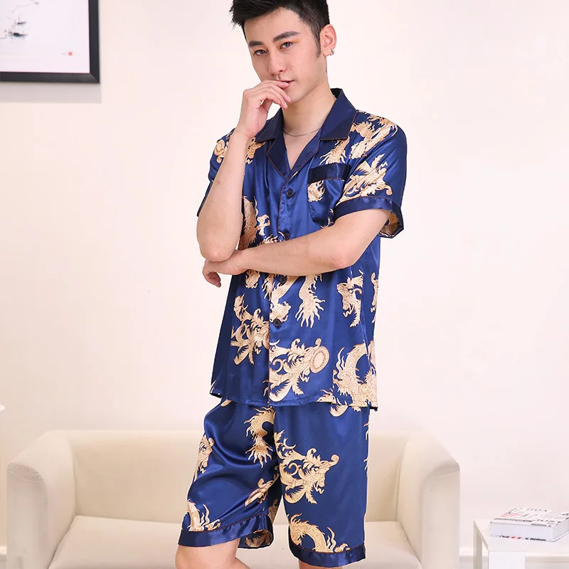 men summer luxury Silk like Pajamas Sets Two Pieces Male Sleepwear short sleeve shirts + pants prints Home Clothing | Мужская одежда