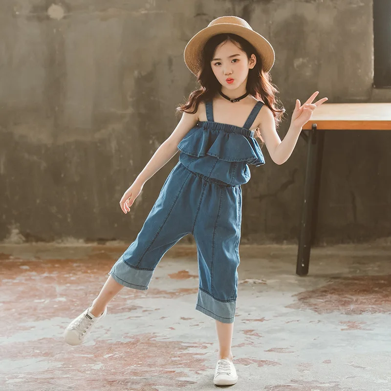

Girls Sets Summer Children Fashion Suit Clothes 2 pieces Cotton Halter denim jumpsuit pants Size 3 4 6 8 10 12 Years Girls