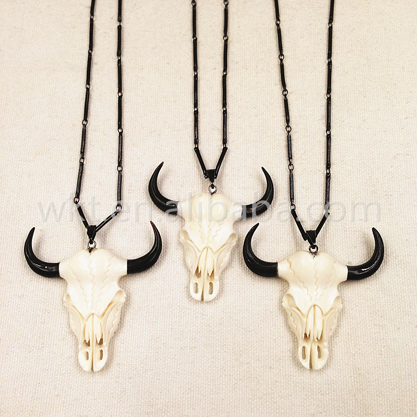

WT-N752 Wholesale new style bone carved pendant necklace large cattle skull head pendants with black gun plated chain