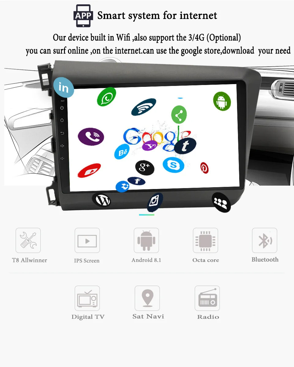 Cheap 2Din Android 9.1 RAM 4GB DSP 10.1" Car Radio Stereo For Honda Civic 2012 2013 2014 2015 GPS Touch screen Multimedia Player 5