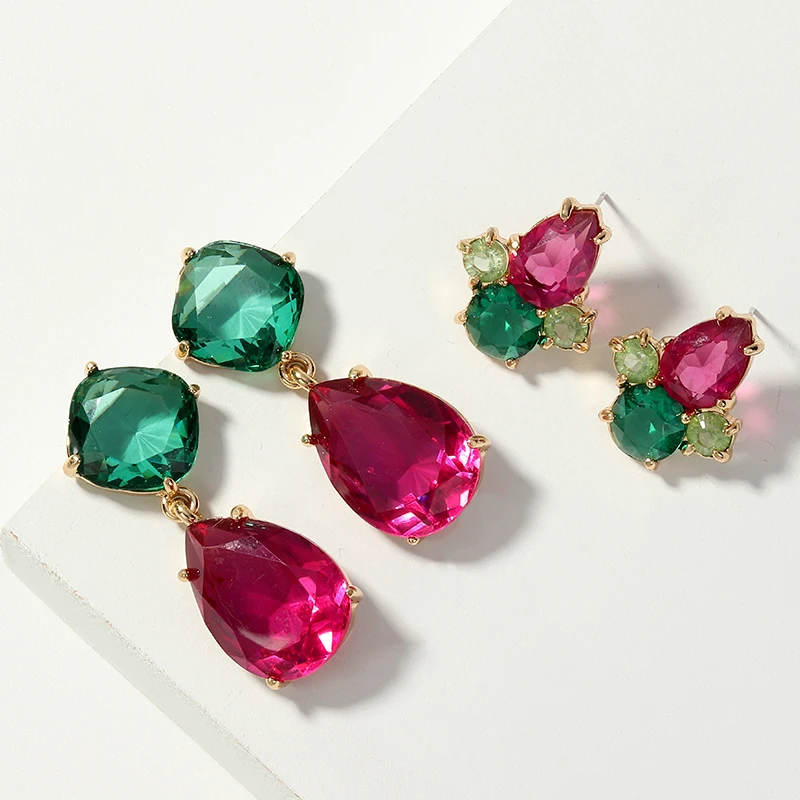 

8Seasons Vintage Gold Colr Women Stud Earrings For Wedding Party Green/Rose Red Crystal Earrings Jewelry, 1 Set ( 2 Pairs/Set)