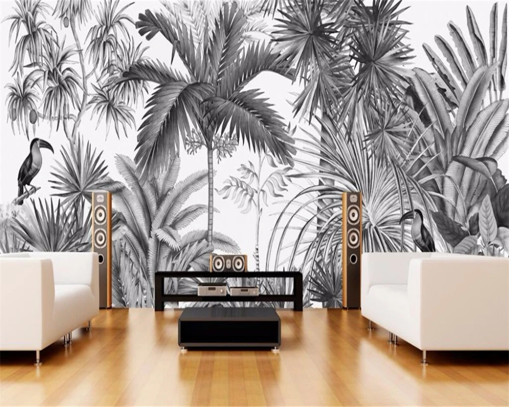 Beibehang Custom Wallpaper European Vintage Hand Painted Black And White Coot Tufts Jungle Mural Tv Background Wall Wallpaper