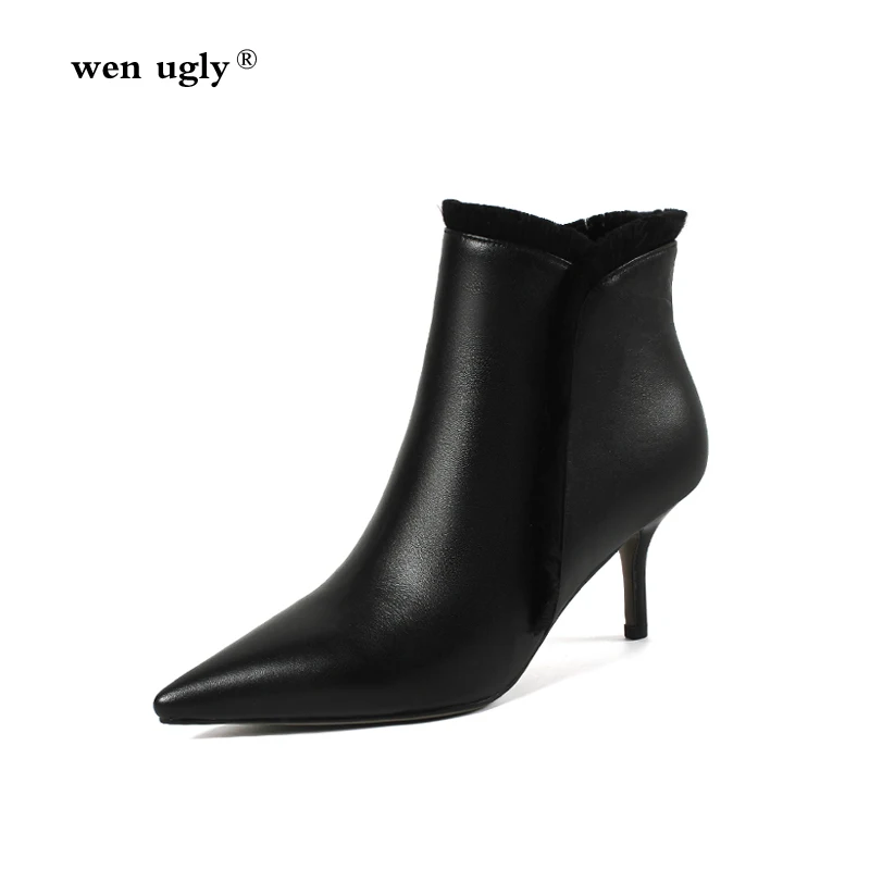 

High-heeled leather ankle boots ladies winter boots 2018 new autumn short boots elegant pointed women's shoes large size 35-43