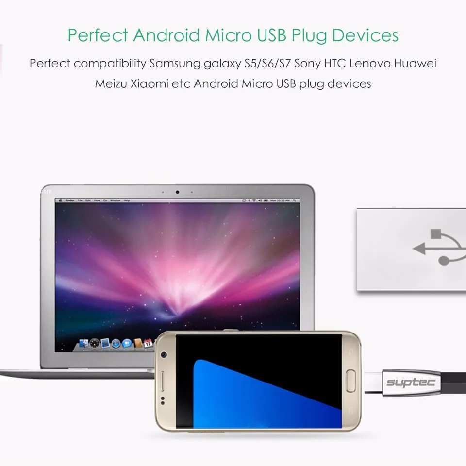 SUPTEC Micro USB кабель цинковый сплав плоский ультра прочный передачи данных Android USB кабель для samsung Xiaomi huawei Microusb шнур