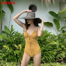 Корея горчично Желтый Холтер одна деталь купальник пикантные груди ленты купальник с рюшами для женщин Ретро кружево до Монокини ванный комплект
