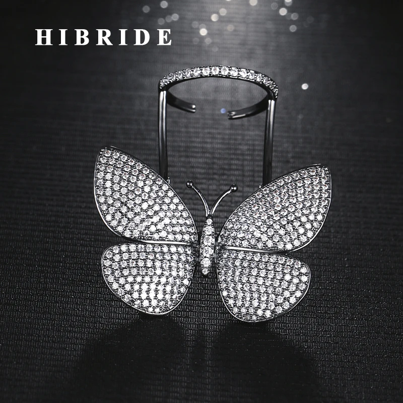 

HIBRIDE New Unique Design Fly Butterfly Shape Adjustable Size Women Rings Anillos Micro CZ Stone Pave Finger Ring R-185