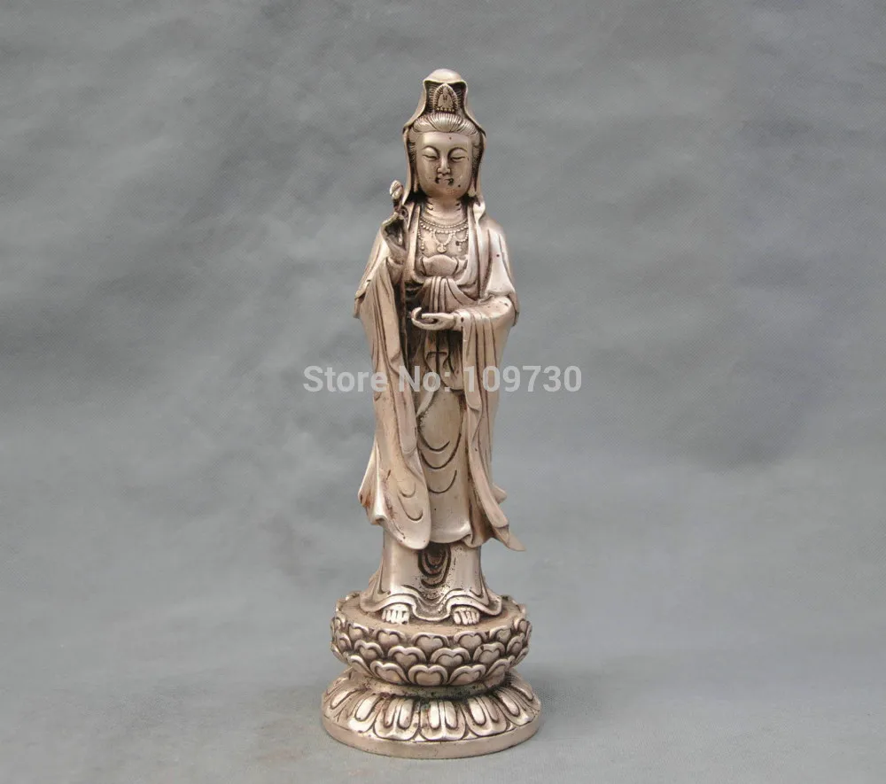 

002223 12'' China Silver Bronze Buddhism Guanyin Kwan-yin Bodhisattva Bronze Statue