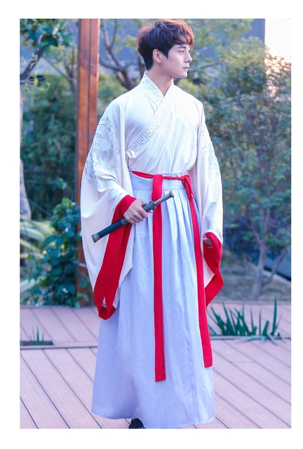 Ancient Chinese Costume Men Performance Outfit For Dynasty Men White Hanfu Costume Satin Robe Chinese Traditional Dress DN2112 -