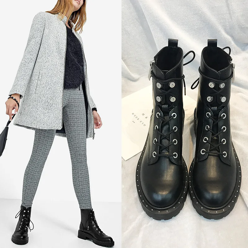 

Jookrrix New British Style Autumn Fashion Martin Boots Shoe Real Leather Lady Boot Girl Zipper Shoe Cross-tied Ankle Black Soft