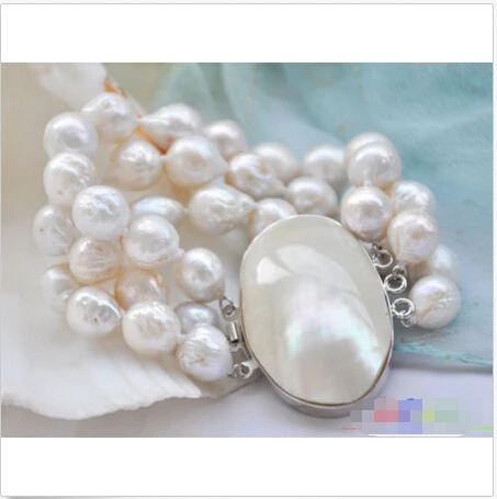 

Free shipping >>>>>>P4951 3row 8" 13mm white almost round keshi reborn Edison pearl bracelet