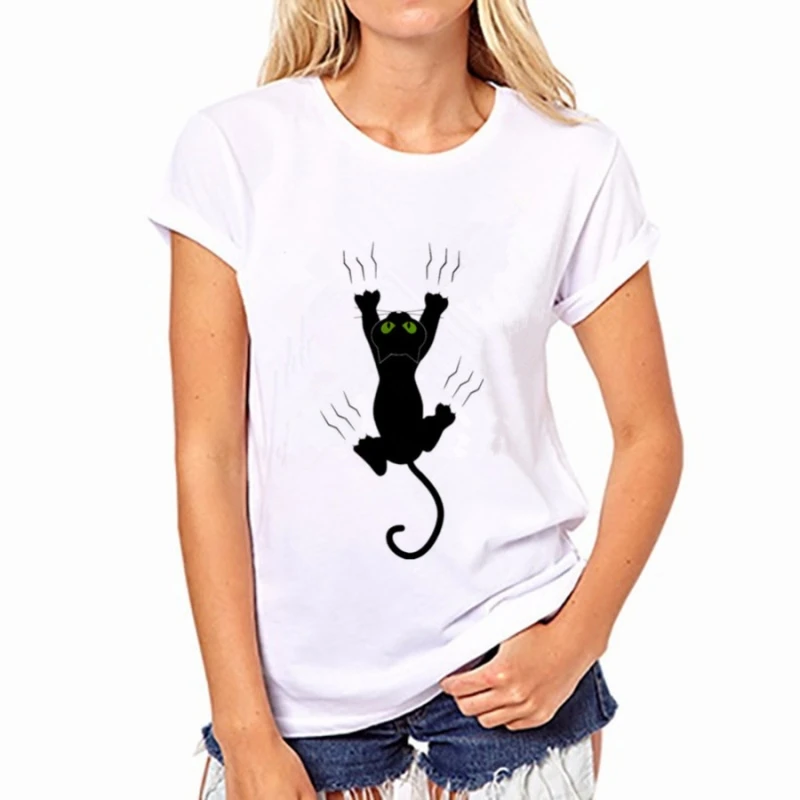 

2019 Women Brand Clothing Summer Women Short Sleeve T-shirt Round Neck Casual Funny Black Cat Tops T Shirts Women Ladies T-shirt