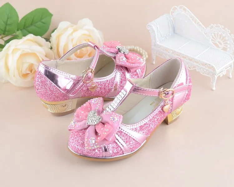 Брошь из горного хрусталя для девочек, блестящая обувь для танцев из искусственной кожи с бантом, блестящая обувь принцессы, розовый, синий
