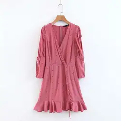 Горячая Распродажа Lin Jia 65-8818 Европейская и американская мода розовые точечные платья