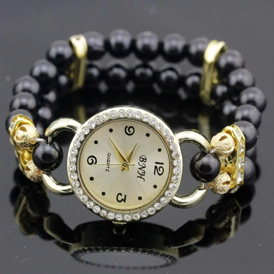 Shsby новые женские Стразы Кварцевые аналоговые наручные часы-браслет дамские нарядные часы с Разноцветный жемчуг - Цвет: Черный