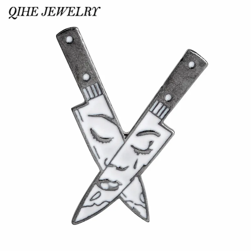 

QIHE JEWELRY Femme face and knife pin black white dagger pin Punk pins Brooches Badges Backpack Bags Leather jackets Accessories