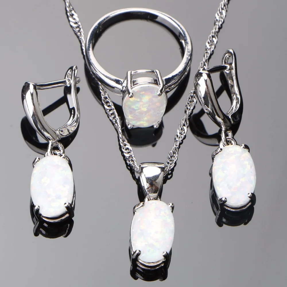 

Opal 925 Sterling Silver Bridal Jewelry Sets For Women Costume Jewelry With Stone Earrings Necklaces&Pendants Ring Set Gifts Box